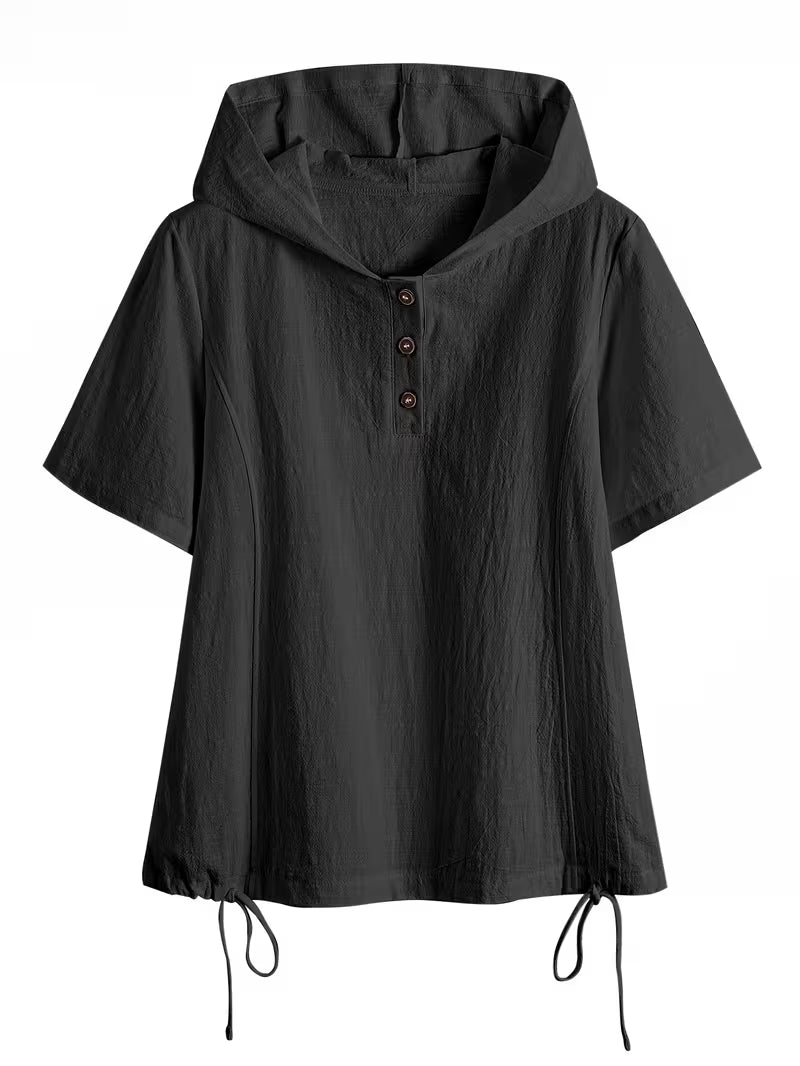 Bouchra - Camisa Holgada De Manga Corta De Color Liso Con Capucha Y Botones en La Parte Delantera