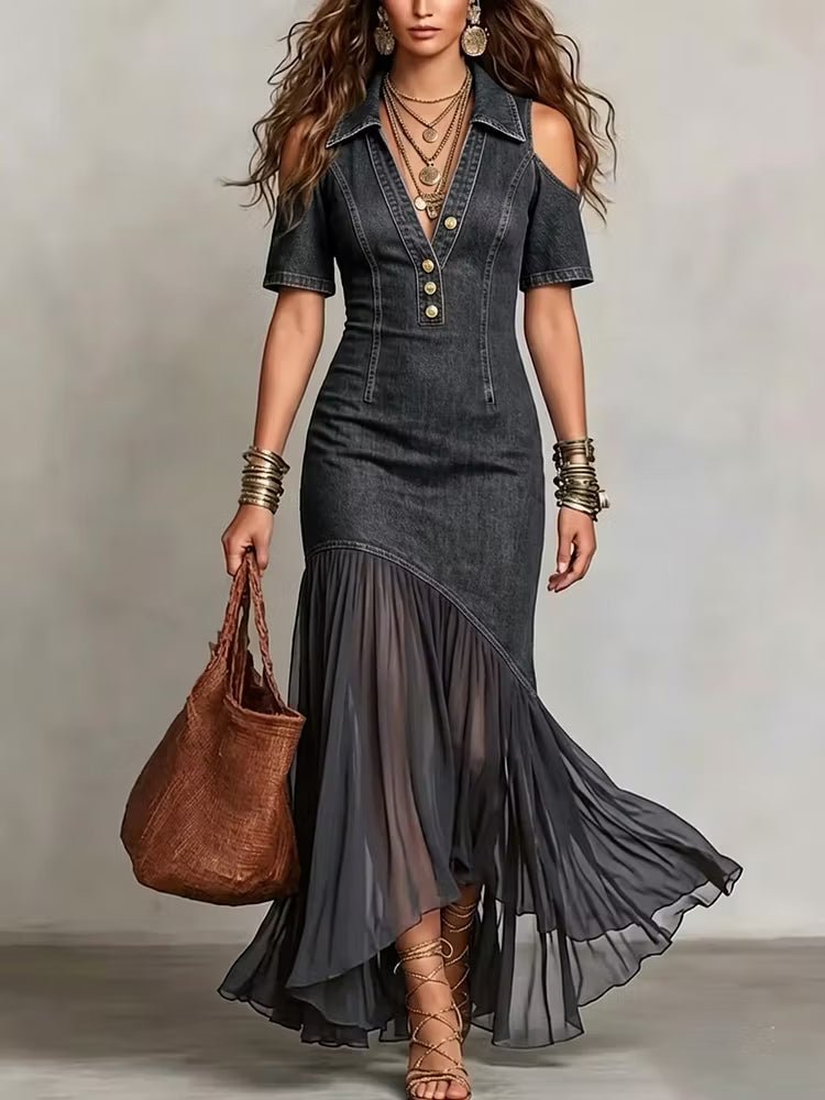 Presley - Vestido Largo Vaquero Con Detalle de Botones