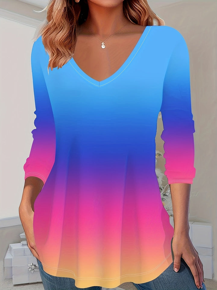 Samli - Camiseta De Manga Larga Con Cuello en V Y Diseño Degradado