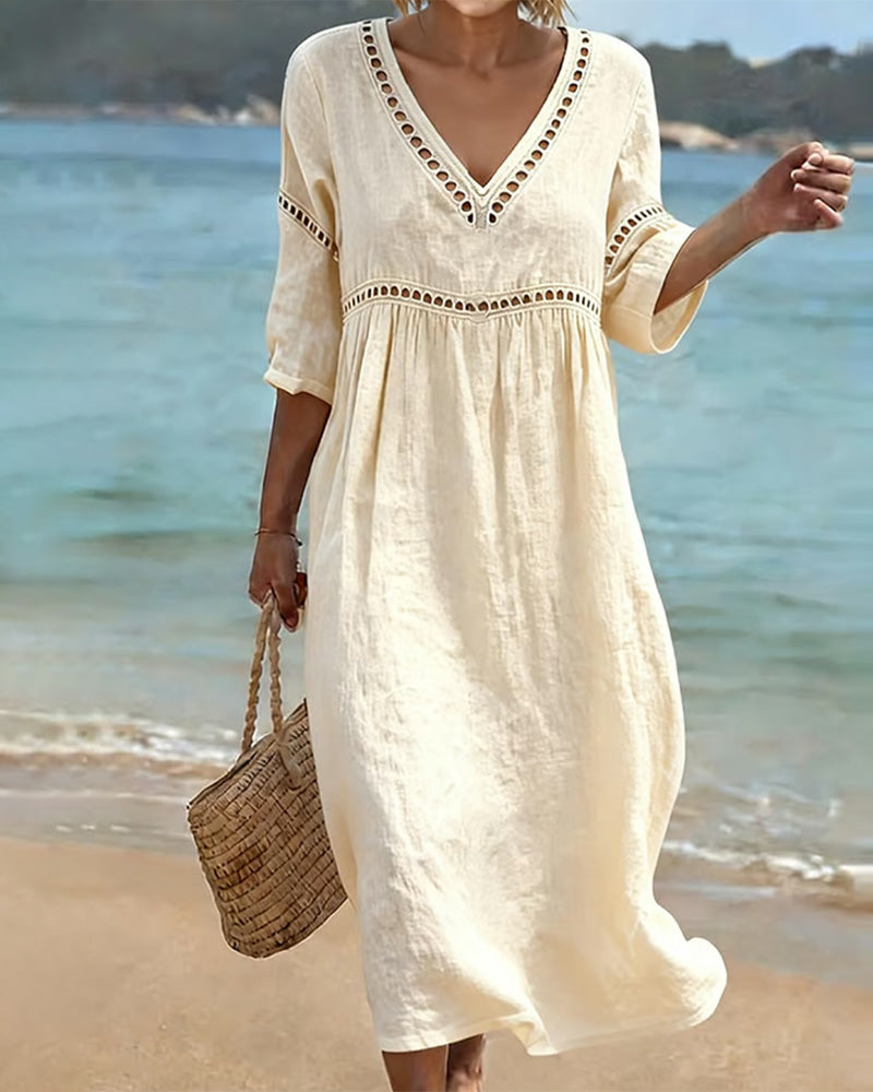 Mikela - Vestido Midi Con Cuello en V Y Adornos Calados