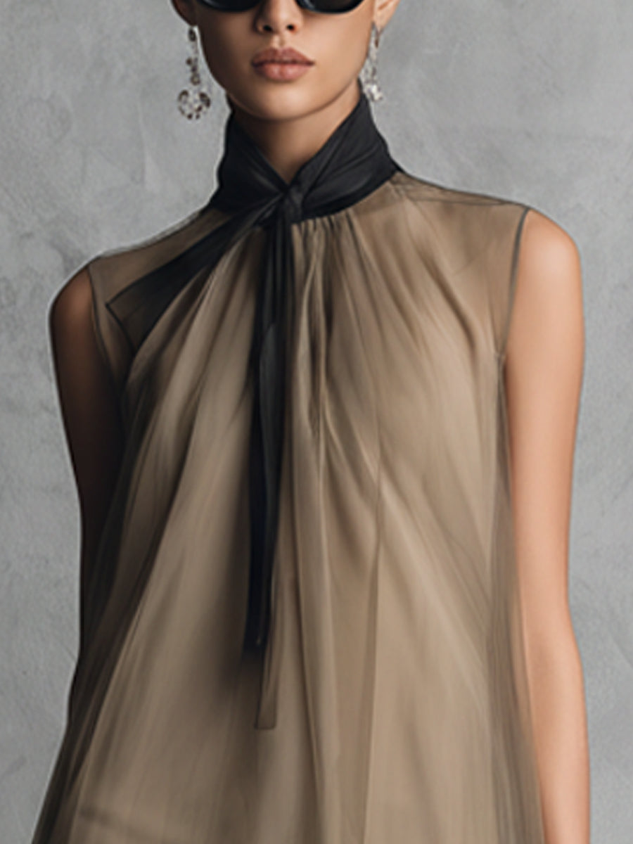 Yupha - Vestido MIDI Asimétrico De Cuello Alto Y Tejido Transparente