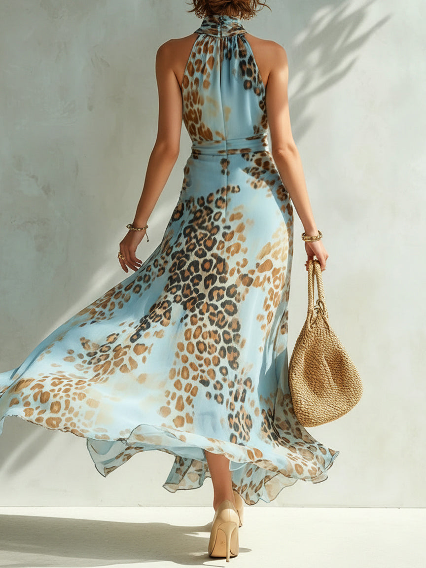 Nekolina - Vestido Largo Con Cuello Halter Y Estampado De Leopardo