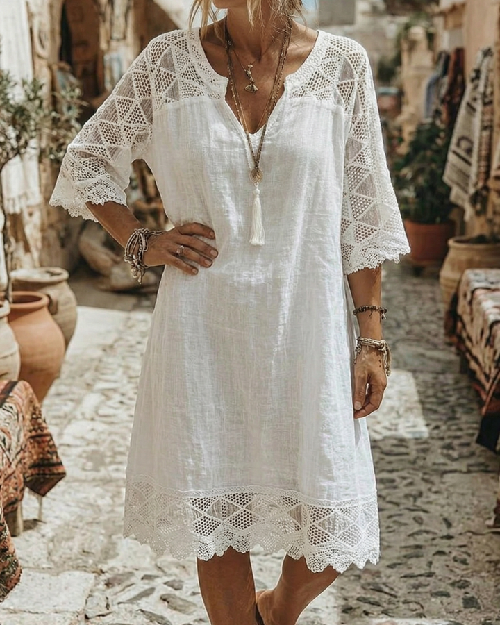 Kilina - Vestido De Encaje Con Cuello En V y Diseño De Retazos