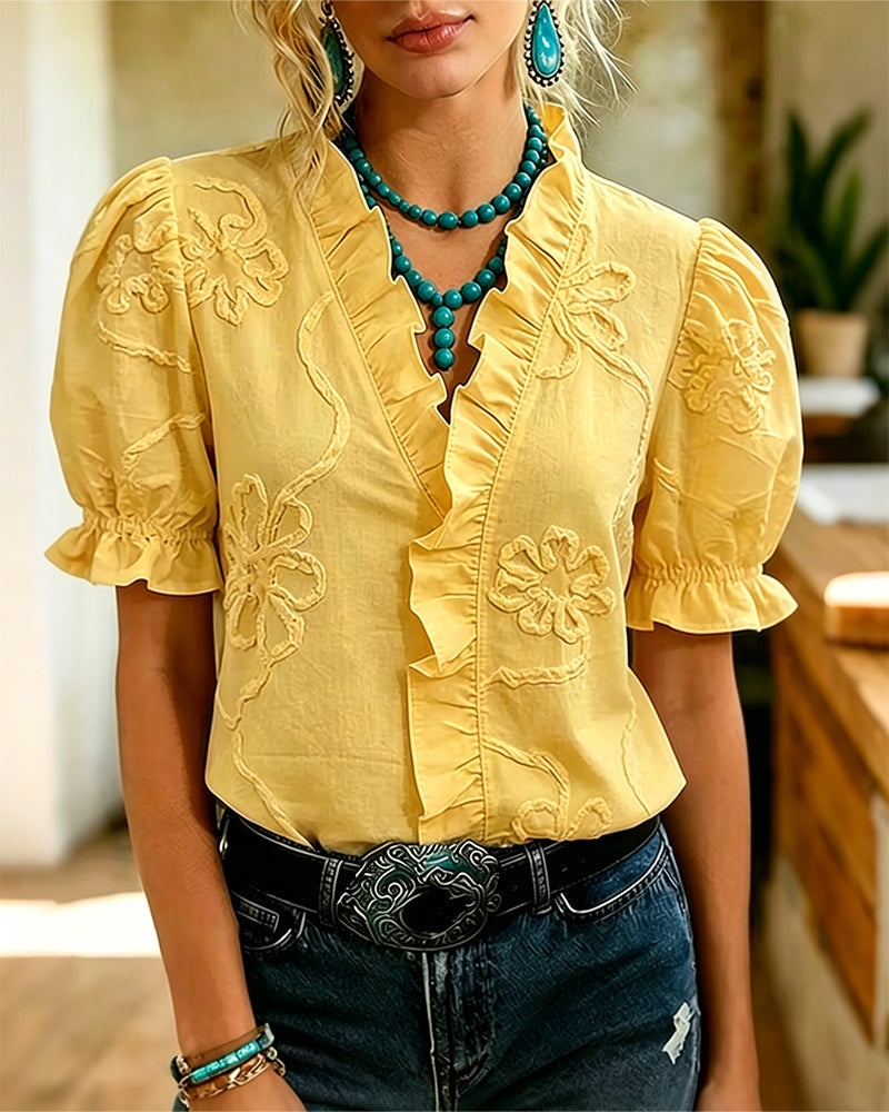 Lillynn - Blusa Con Cuello en V Ribete Con Volantes Y Mangas Abullonadas