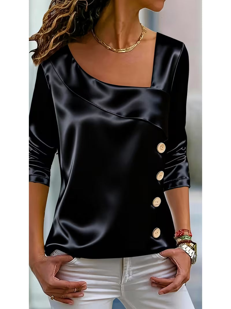 Belina - Blusa De Satén Con Cuello Cuadrado Y Botones