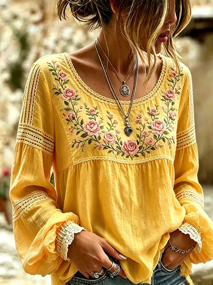 Esraa - Blusa De Lino Con Cuello Bordado Con Motivos Florales