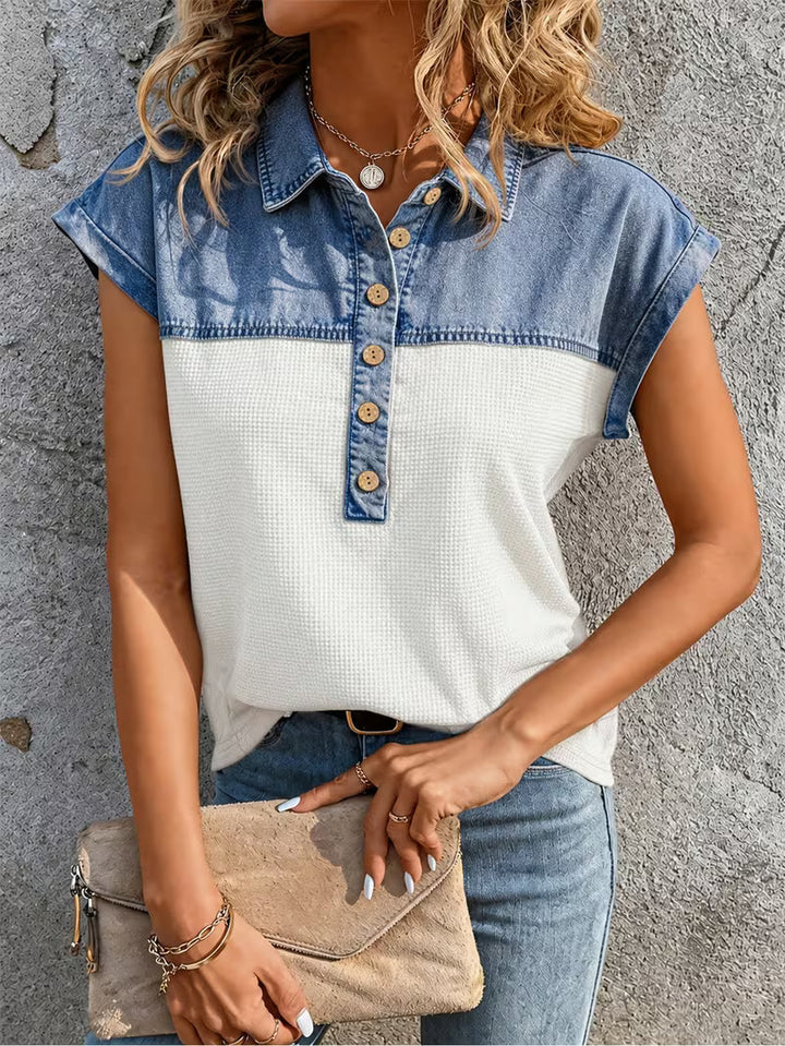 Haily - Camiseta Informal de Denim con Cuello de Patchwork y Manga Corta