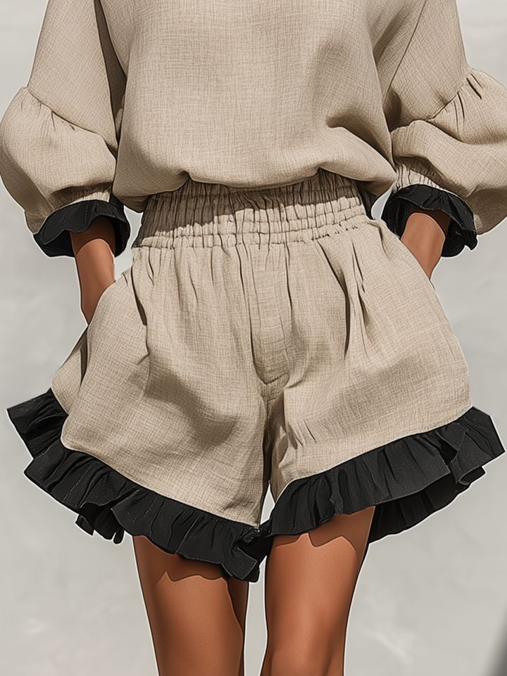 Simi - Blusa y Pantalones Cortos Con Ribete De Volantes De Lino