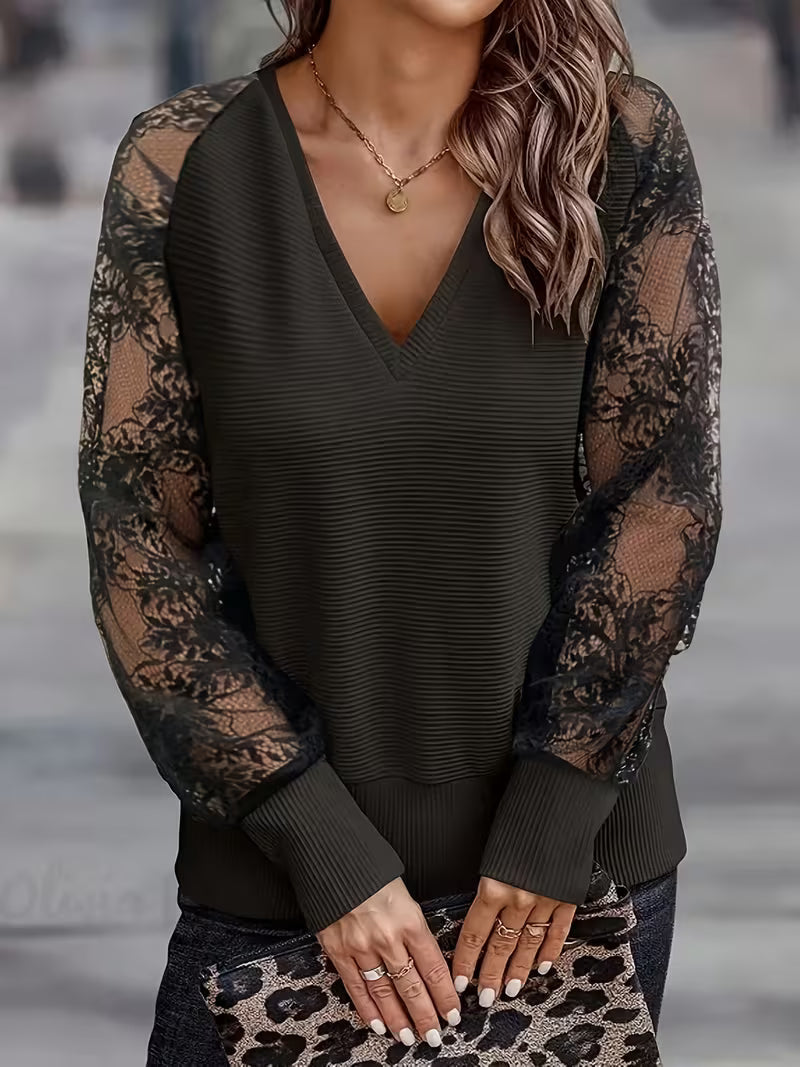 Shina - Top De Cuello en V Con Mangas De Encaje Y Tejido Acanalado