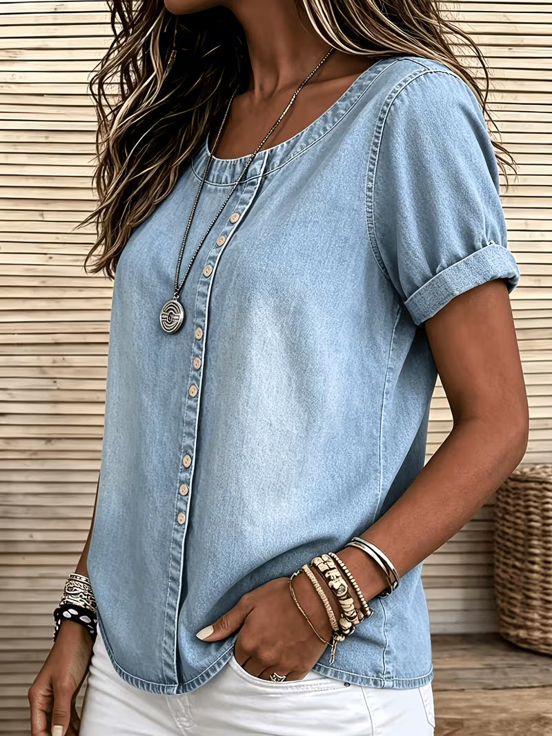Ferina - Camiseta Vaquera De Manga Corta Con Efecto Desgastado