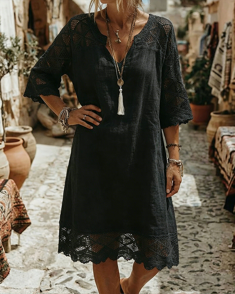 Kilina - Vestido De Encaje Con Cuello En V y Diseño De Retazos