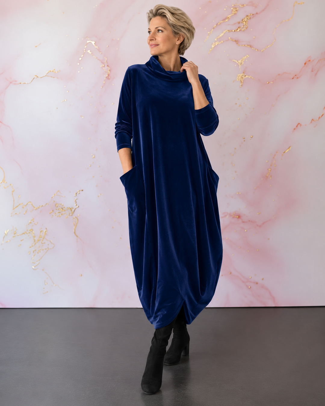 Lellina - Vestido Largo Holgado De Terciopelo Con Cuello Alto