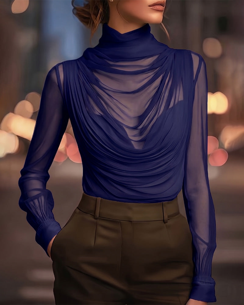 Jazmin - Blusa Transparente Drapeada De Cuello Alto