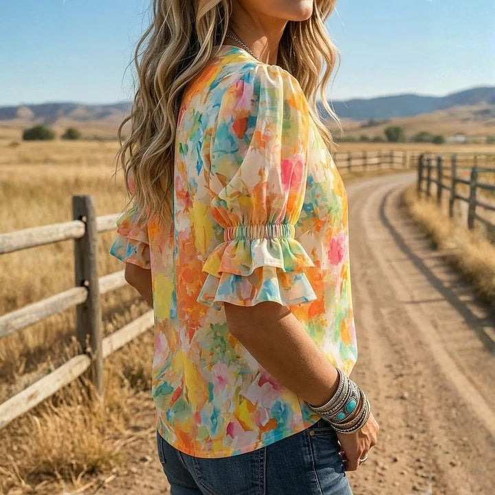 Suda - Blusa Floral Con Botones en La Parte Delantera Y Mangas Abullonadas
