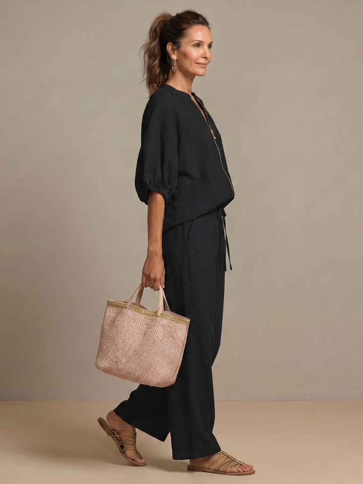 Sharina - Conjunto De Blusa Con Cremallera Y Pantalones De Pierna Ancha