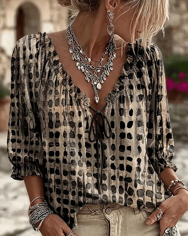Orlyna - Blusa De Lunares Con Cordones Y Cuello en V