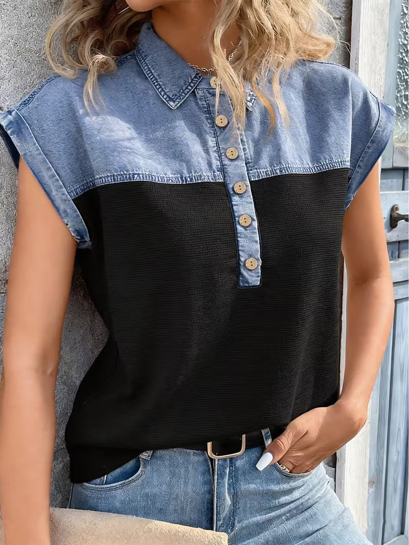 Haily - Camiseta Informal de Denim con Cuello de Patchwork y Manga Corta