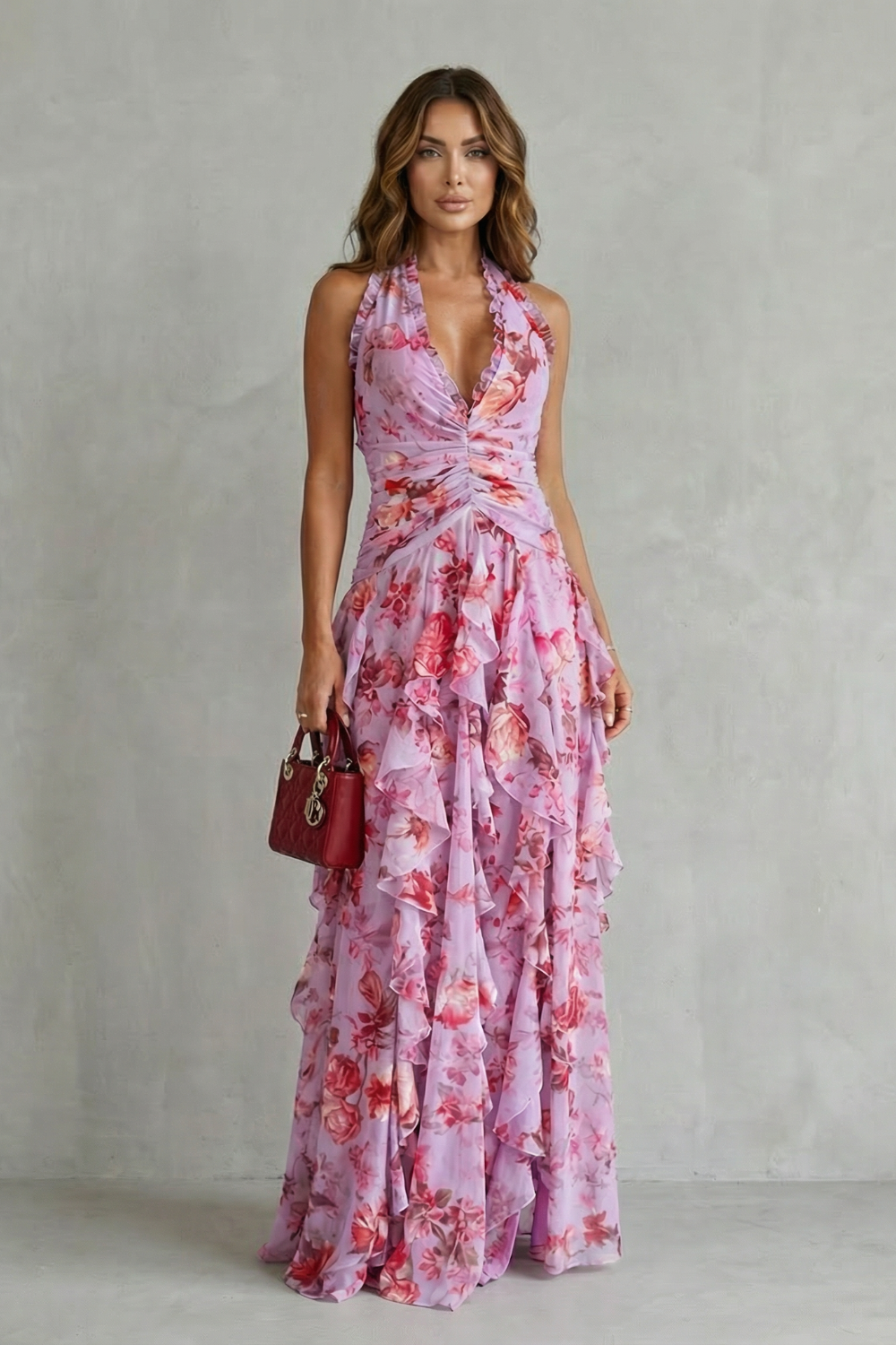 Eliora - Vestido Largo Con Cuello Halter y Estampado Floral En Cascada