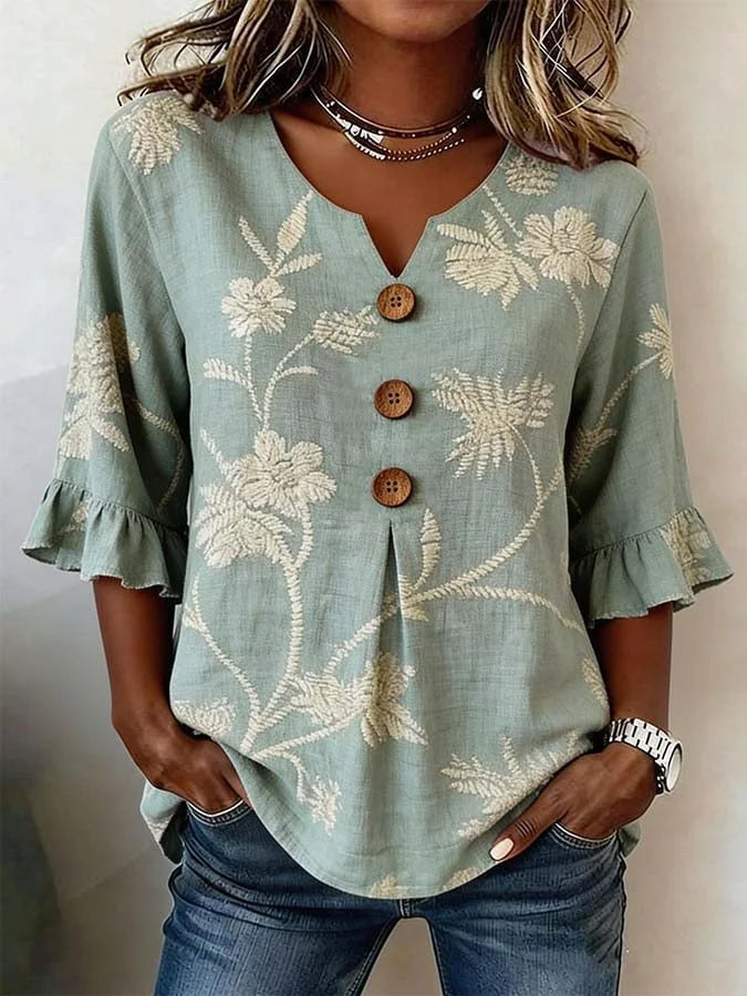 Bisila - Camisa Con Bordado Floral y Mangas Con Volantes