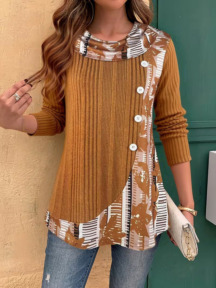 Lucynda - Top Estampado de Anga Larga Con Detalle de Botones y Diseño Acanalado