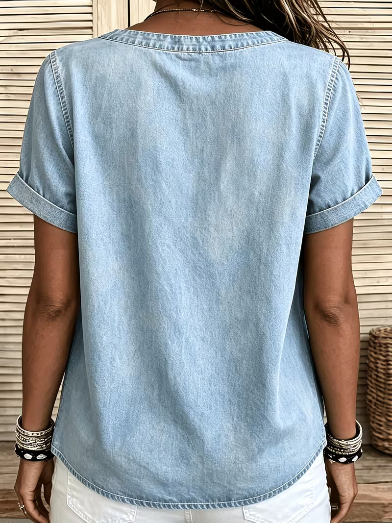 Ferina - Camiseta Vaquera De Manga Corta Con Efecto Desgastado