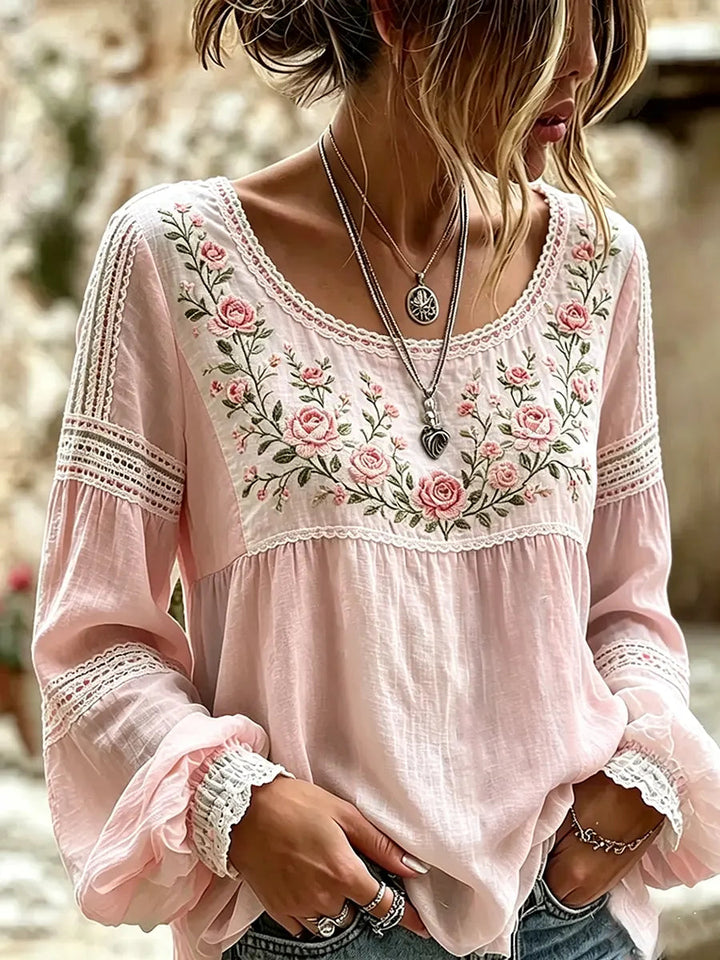 Esraa - Blusa De Lino Con Cuello Bordado Con Motivos Florales