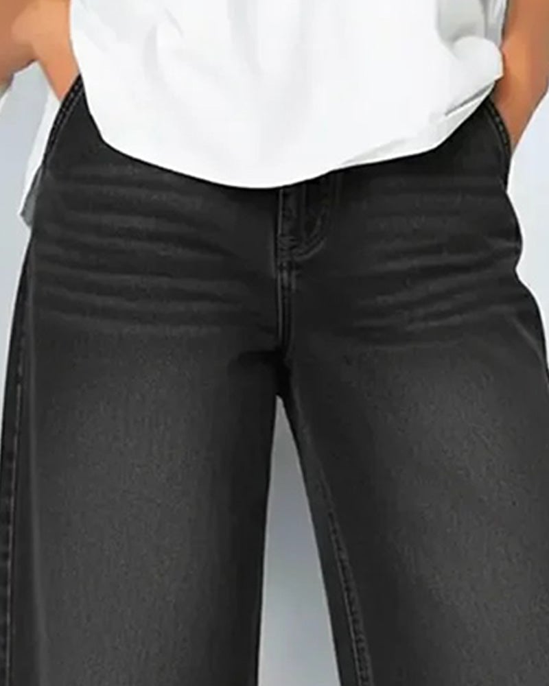Synira - Jeans Casuales De Pierna Ancha y Corte Recortada