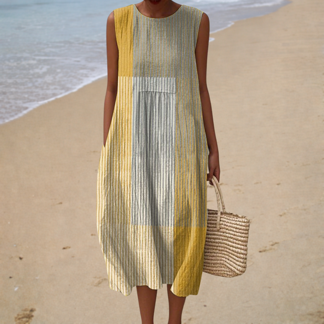 Suzeena - Vestido Midi Sin Mangas a Rayas Con Diseño De Patchwork