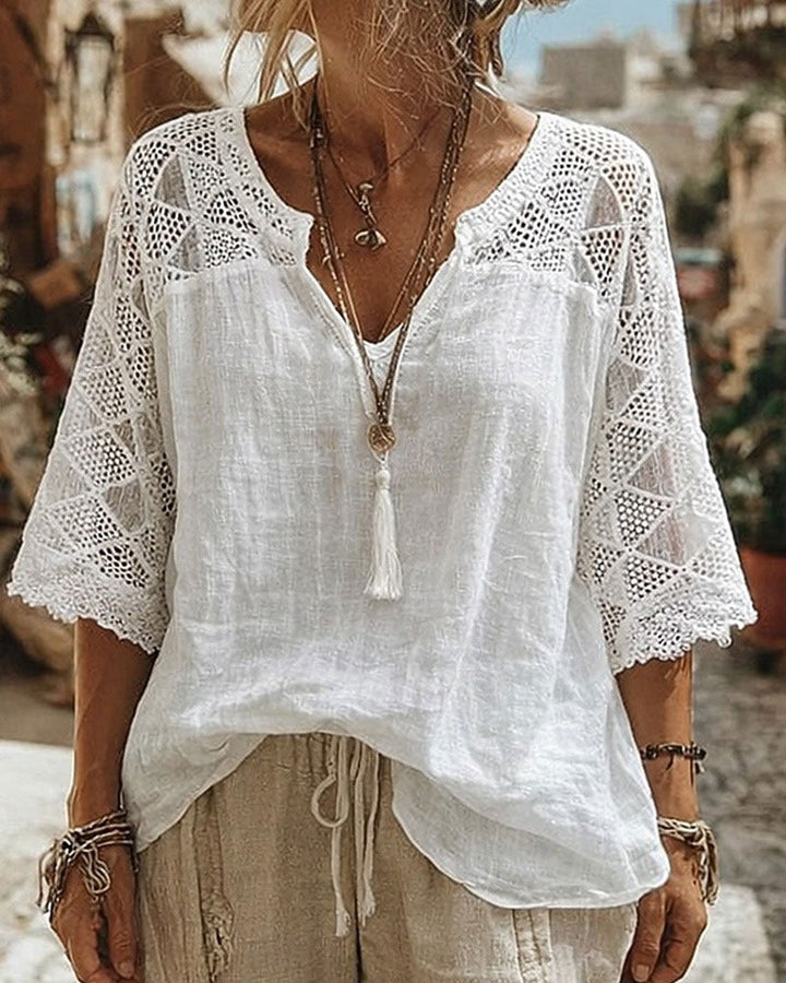 Essien - Blusa Holgada con Cuello en V y Mangas de Encaje