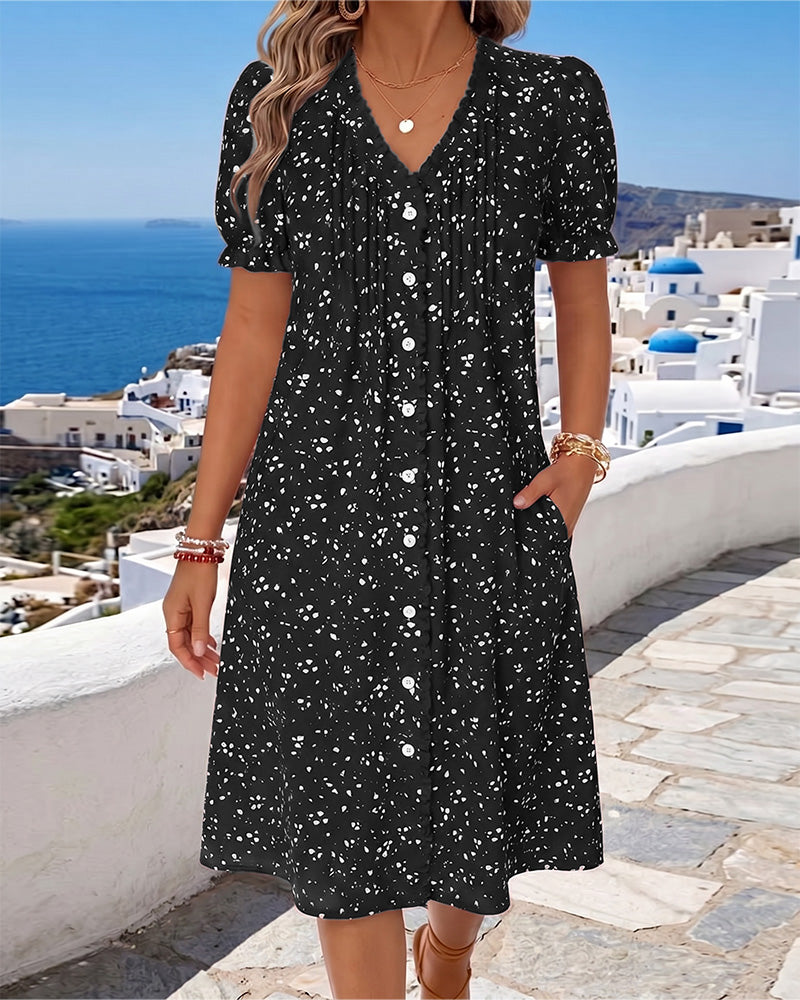 Dayma - Vestido Floral Con Cuello en V Y Botones en La Parte Delantera