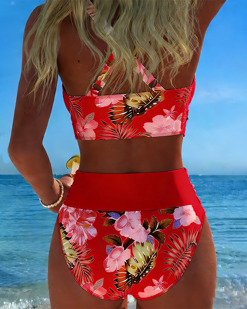 Hinari - Conjunto de Bikini de Cintura Alta Con Estampado Floral