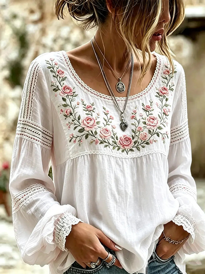 Esraa - Blusa De Lino Con Cuello Bordado Con Motivos Florales