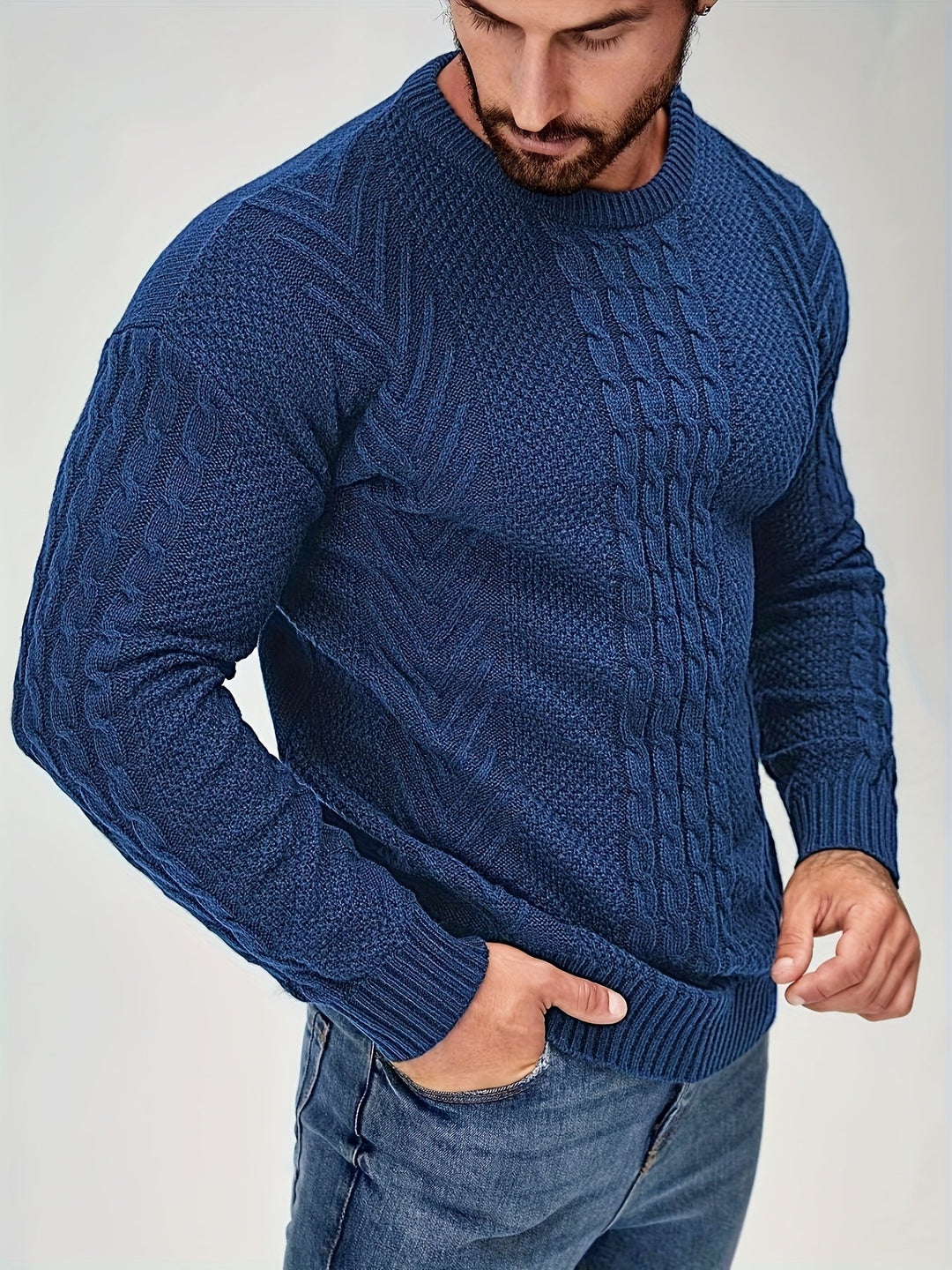 Eiduks - Jersey Clásico de Cuello Redondo Con Punto Trenzado