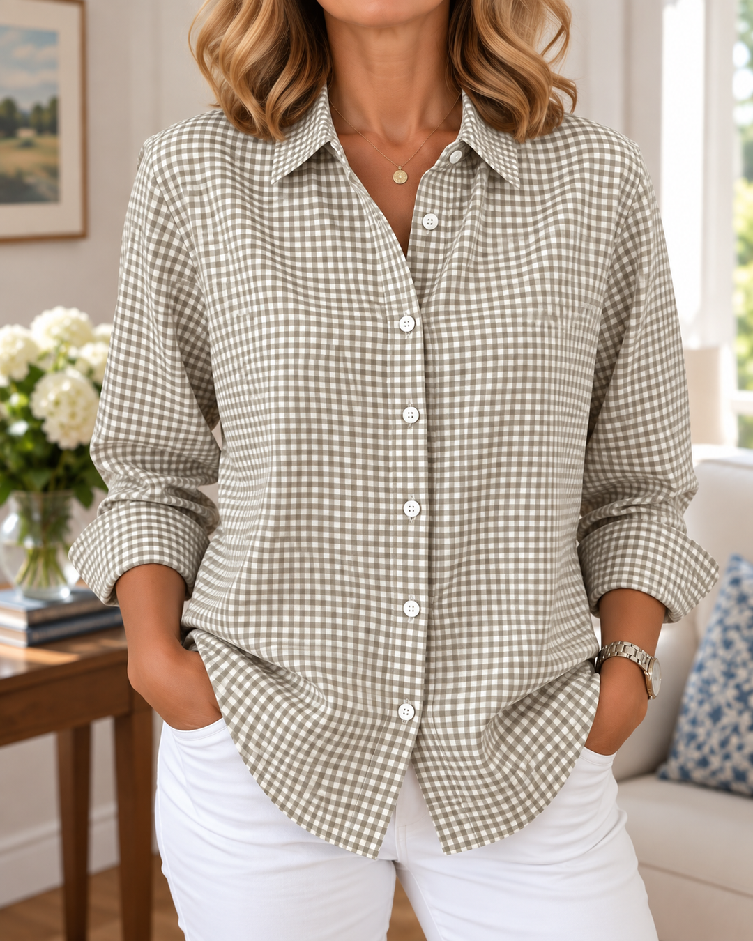 Colien - Camisa de Manga Larga a Cuadros Vichy Con Botones