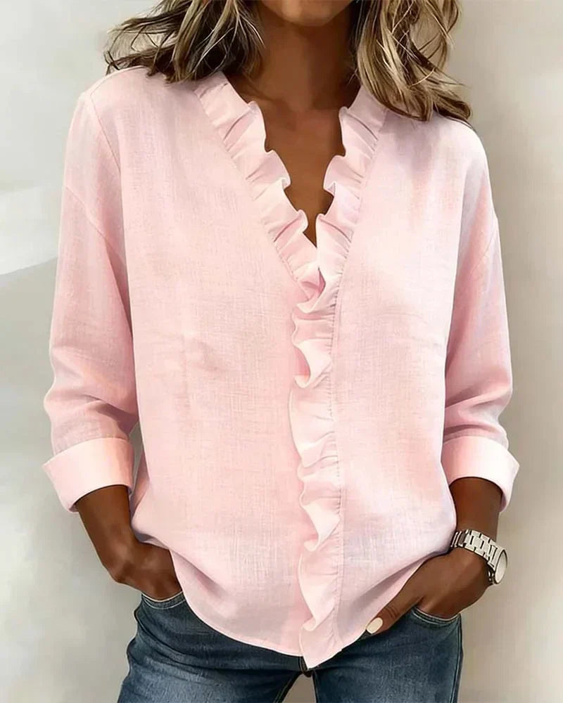 Pabasari - Elegante Blusa Con Cuello en V y Delicados Volantes