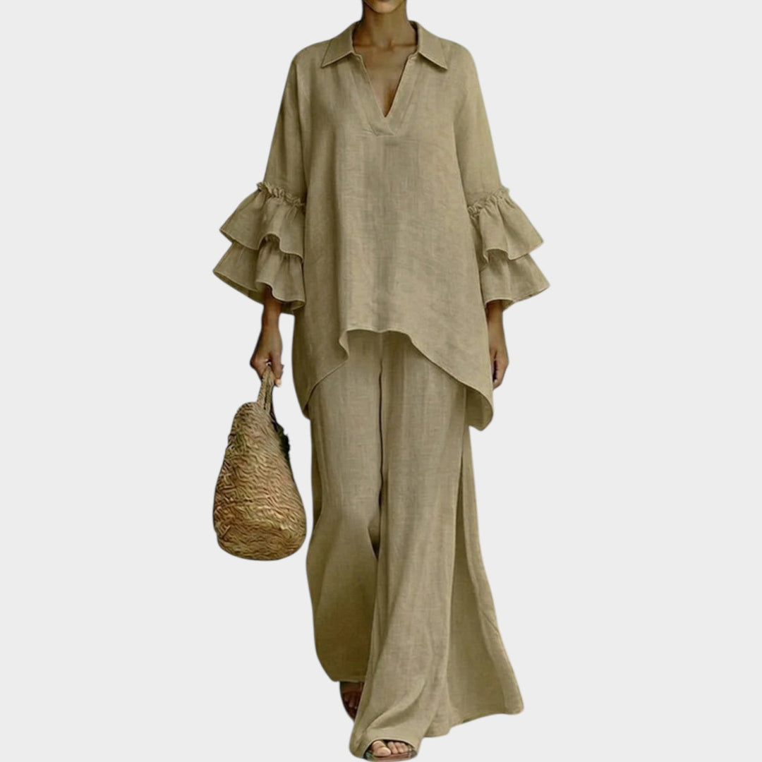 Fien - Elegante Top De Lino Y Pantalón Holgado De Pierna Ancha
