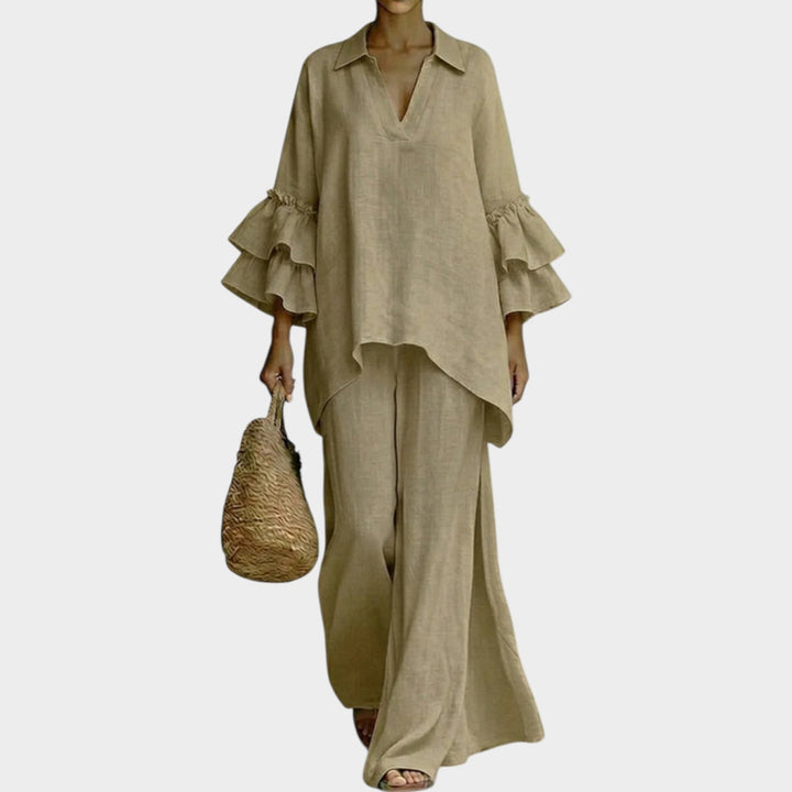 Fien - Elegante Top De Lino Y Pantalón Holgado De Pierna Ancha