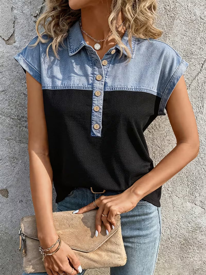 Haily - Camiseta Informal de Denim con Cuello de Patchwork y Manga Corta