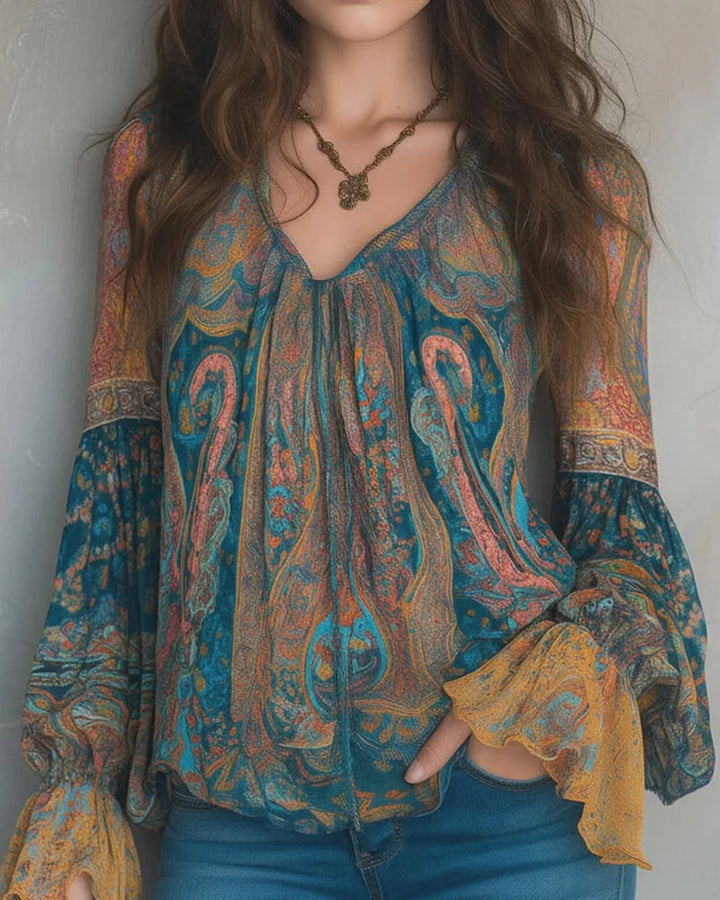 Izabella - Blusa De Cuello En V Estilo Bohemio Con Mangas Acampanadas