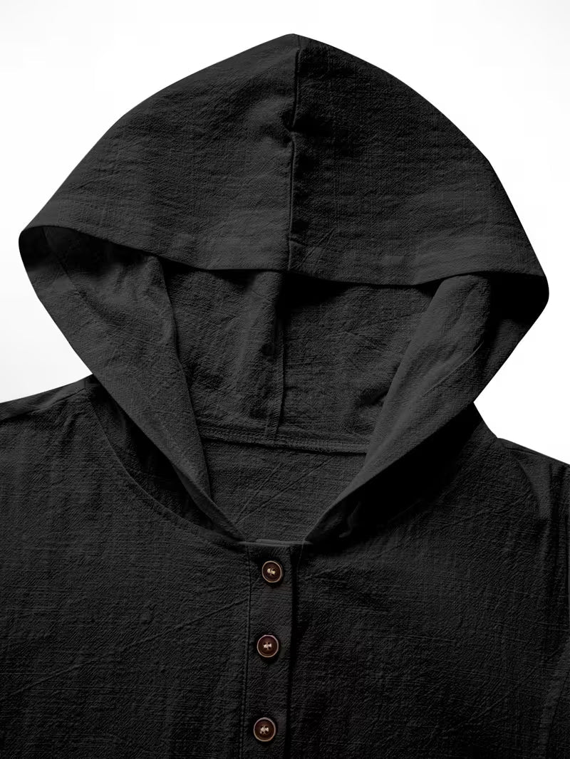 Bouchra - Camisa Holgada De Manga Corta De Color Liso Con Capucha Y Botones en La Parte Delantera