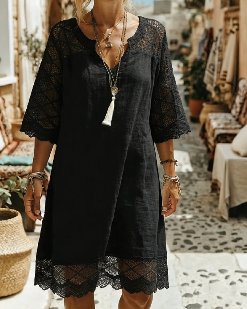 Kilina - Vestido De Encaje Con Cuello En V y Diseño De Retazos