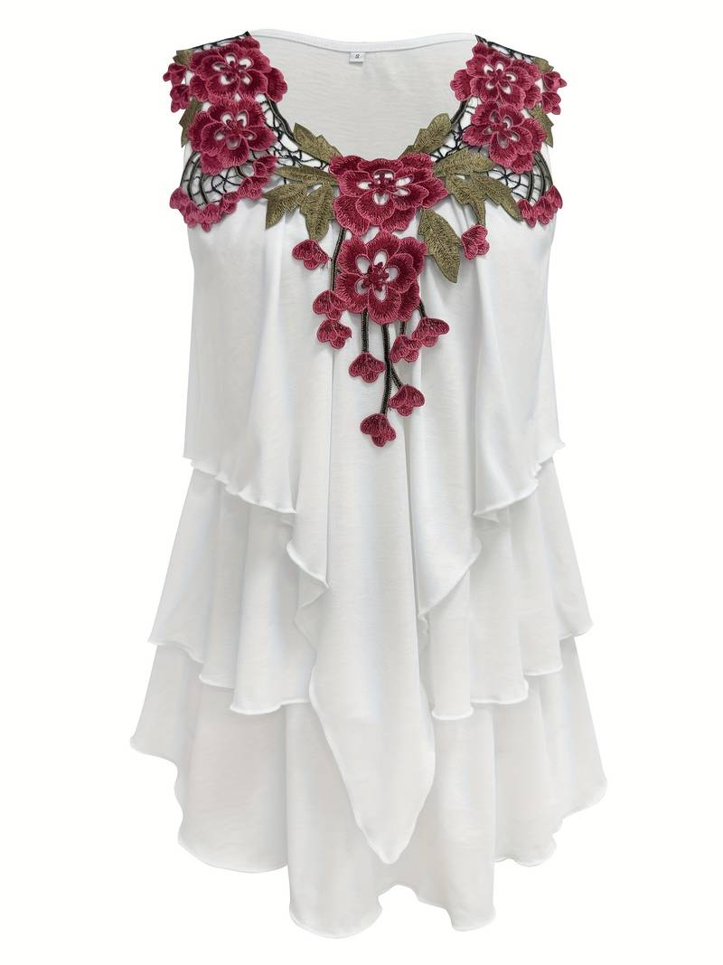 Verunka - Blusa De Verano Con Cuello en V Encaje Soluble Y Volantes en Estilo Patchwork