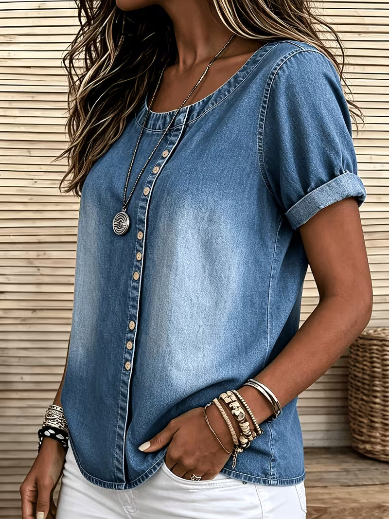 Ferina - Camiseta Vaquera De Manga Corta Con Efecto Desgastado