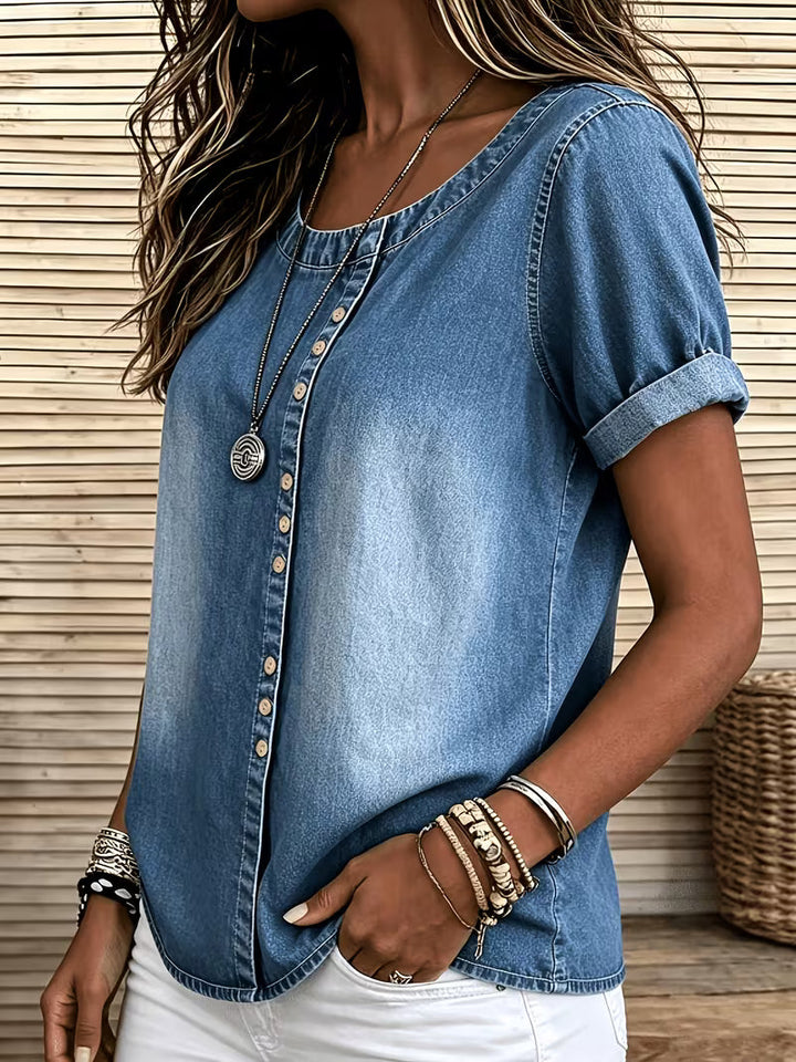 Ferina - Camiseta Vaquera De Manga Corta Con Efecto Desgastado