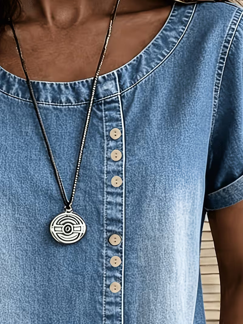 Ferina - Camiseta Vaquera De Manga Corta Con Efecto Desgastado