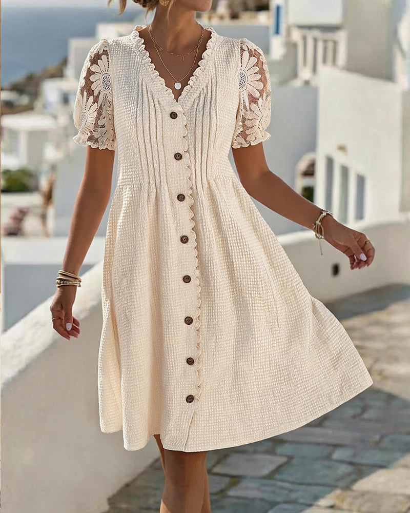 Deneke - Vestido de Patchwork Con Encaje de Girasoles y Mangas Abullonadas