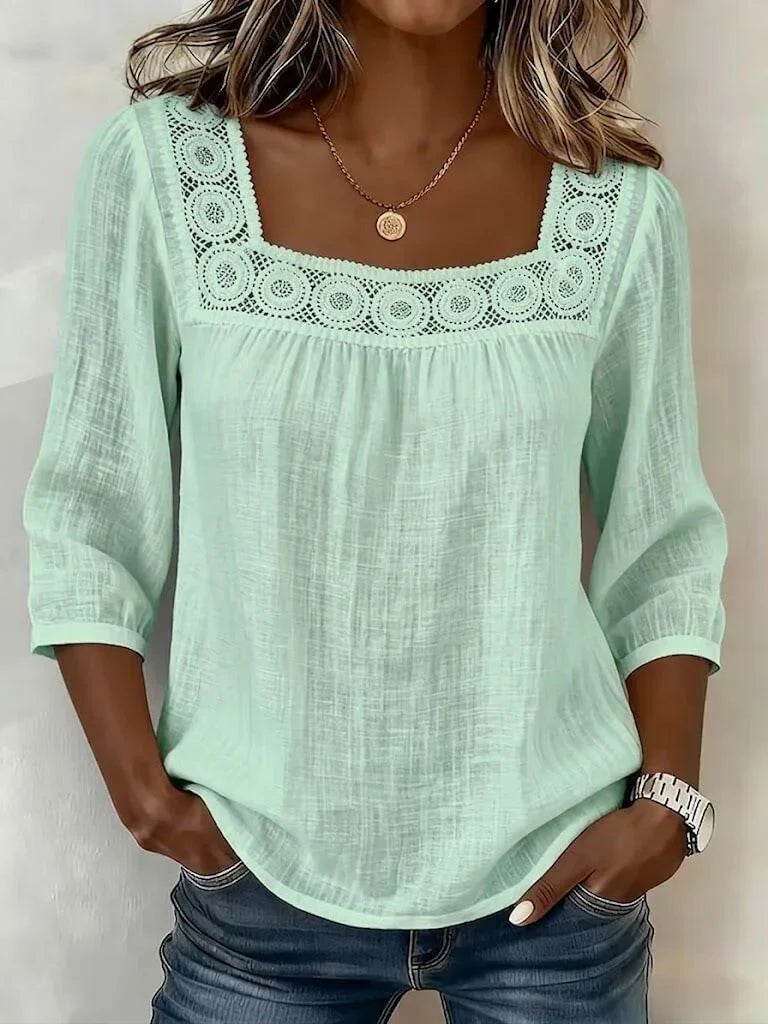Nozomi - Blusa De Encaje Con Cuello Cuadrado Y Diseño De Retazos