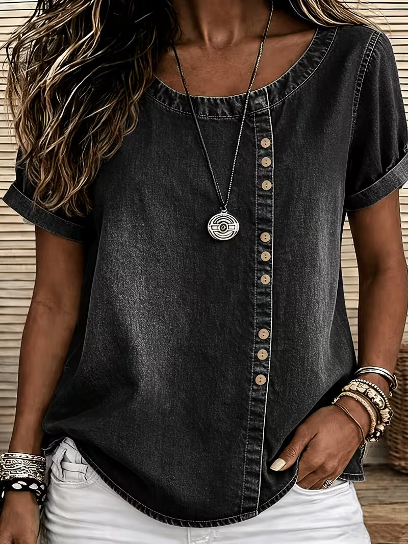 Ferina - Camiseta Vaquera De Manga Corta Con Efecto Desgastado