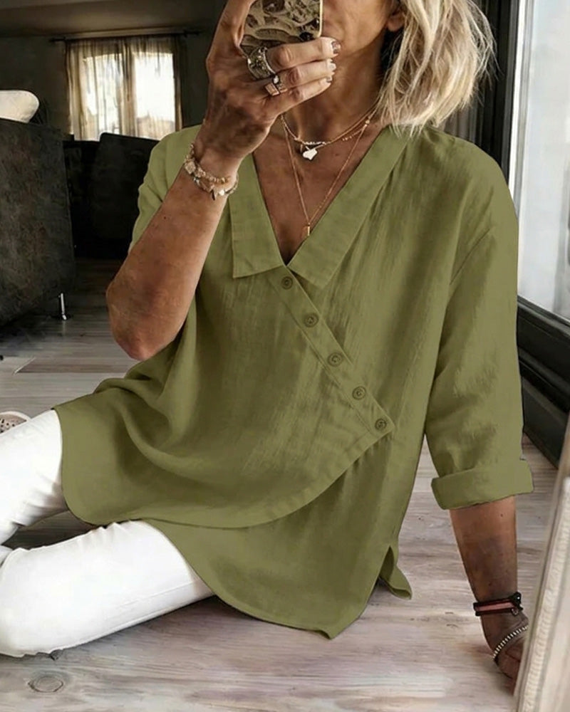 Ritienne - Blusa Cómoda Con Cuello Y Botones Asimétricos