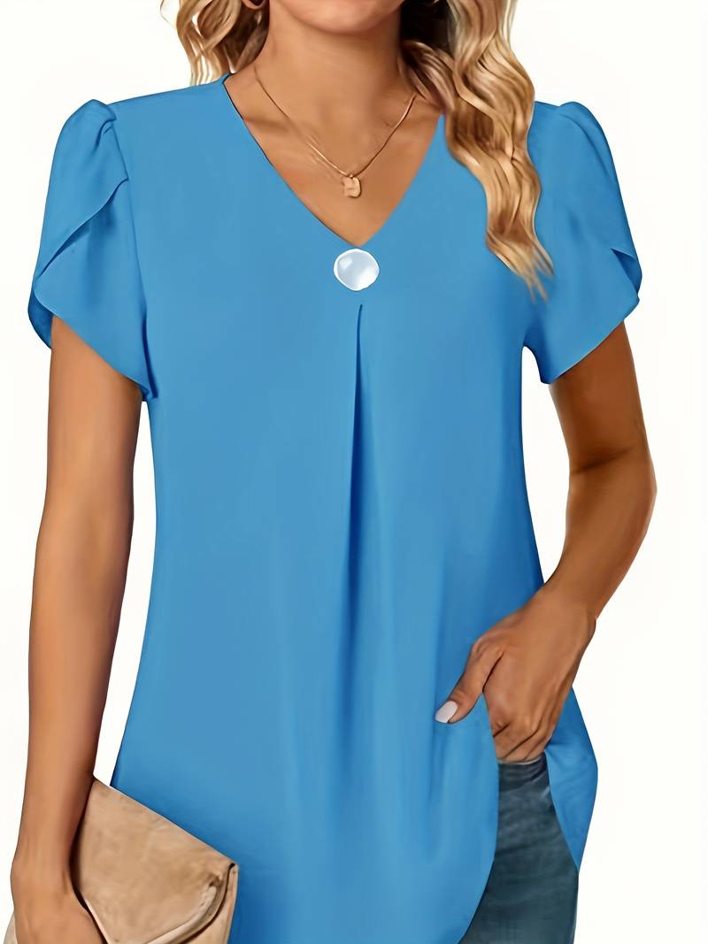 Thilakshi - Blusa de Manga Corta Con Volantes y un Solo Botón